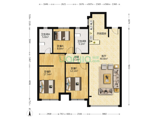 金地艺华年 3室1厅2卫 122平方