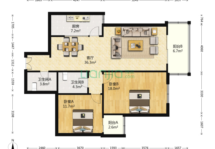 2室1厅2卫117.75㎡-北京美林花园户型图