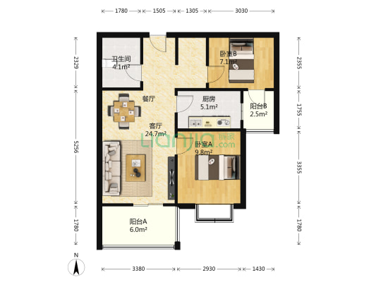 新亚洲体育城万景园 2室1厅1卫 77平方
