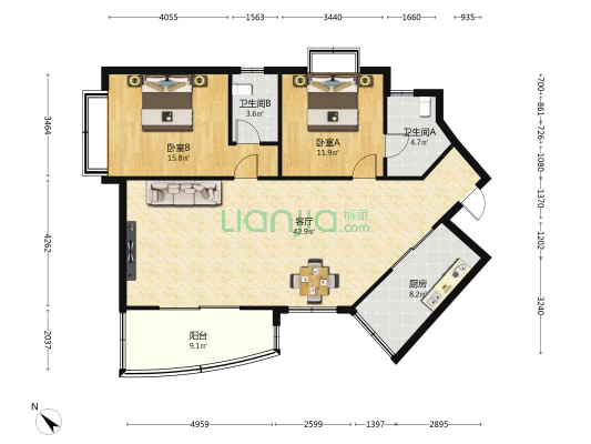 汇凯花园 2室1厅2卫 110平方
