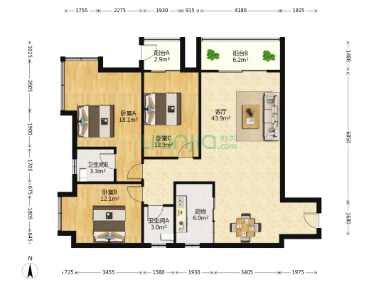 独秀公寓 3室1厅2卫 130平方
