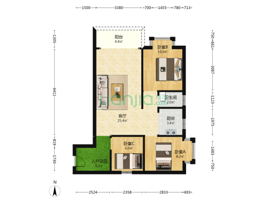 鸿运阁 3室1厅1卫 83平方