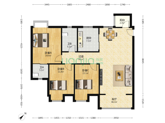 鸿运小区 3室1厅2卫 122平方
