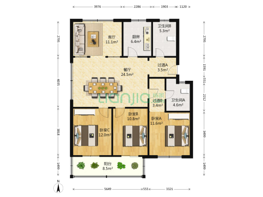 环北新村 3室2厅2卫 123平方