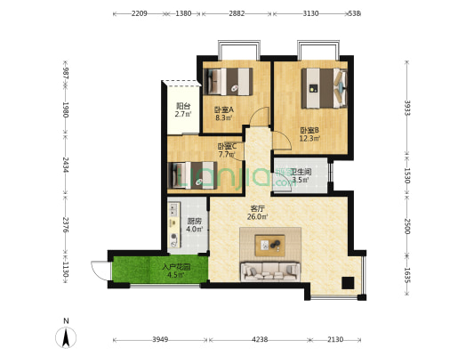 嘉盛大厦 3室1厅1卫 90平方