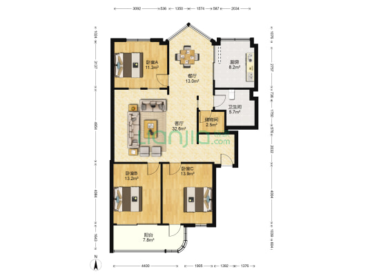 玫瑰园 3室2厅1卫 121平方