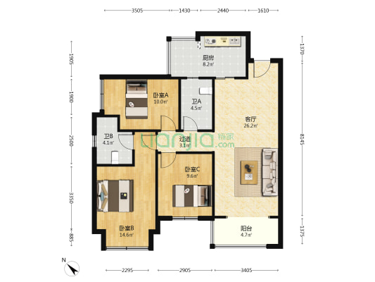 花屿岛澜庭 3室1厅2卫 108平方