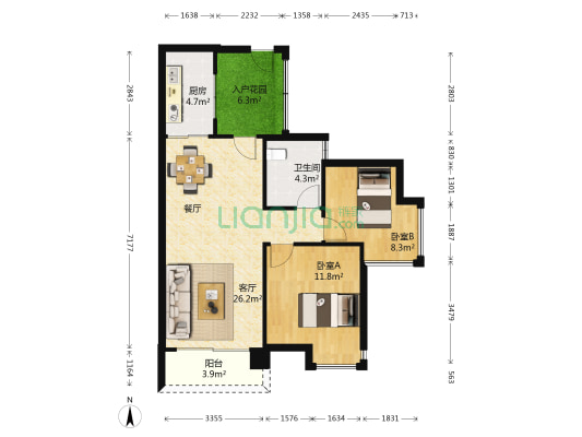 亚运城天荟 2室1厅1卫 91平方