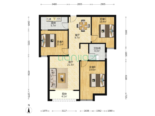 东方花都 3室2厅1卫 102平方