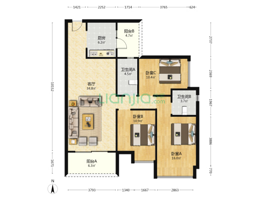 德宝怡高宝区 3室1厅2卫 117平方