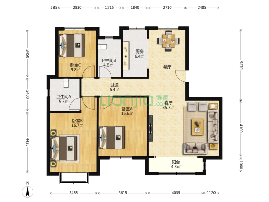 海怡园 3室1厅2卫 139平方