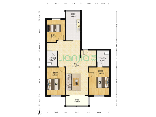 天然居 3室1厅2卫 115平方