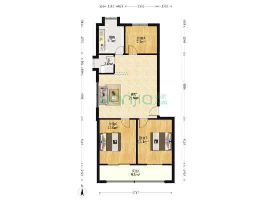 质量监督局宿舍 3室1厅1卫 95平方