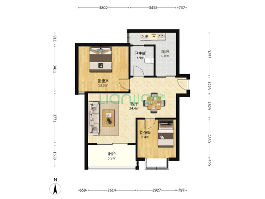 东方一号印象城 2室1厅1卫 86平方