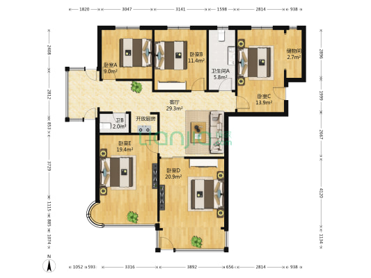 水御兰庭 5室1厅2卫 135平方