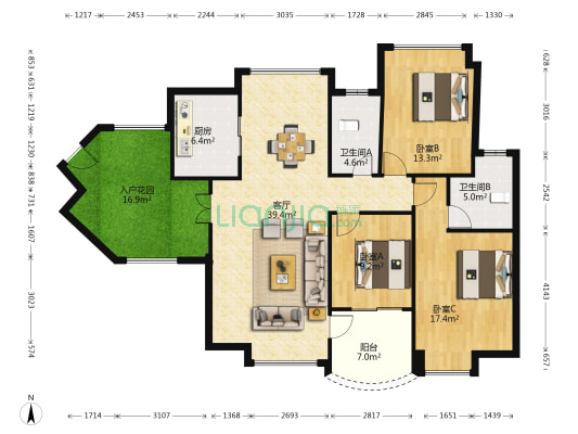 尚湖轩 3室1厅2卫 125平方