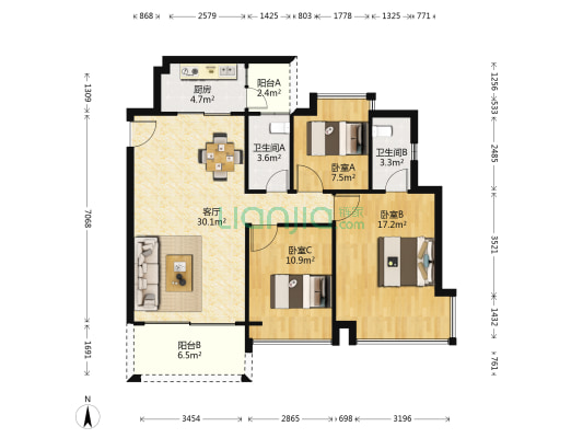金富康华府 3室1厅2卫 103平方