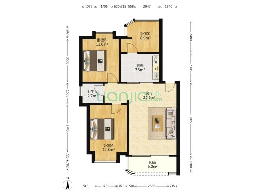 雅兰苑 3室1厅1卫 88平方