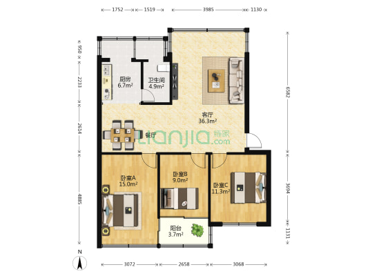 百合苑 3室1厅1卫 96平方