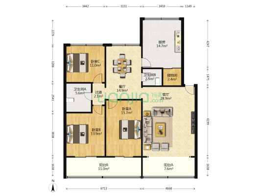 老干部活动中心家属院 3室2厅2卫 146平方
