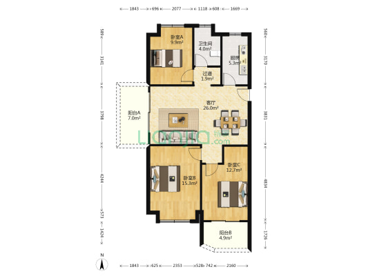 绿地海悦 3室1厅1卫 111平方