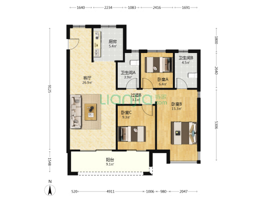 富田城九鼎华府4号院 3室1厅2卫 115平方