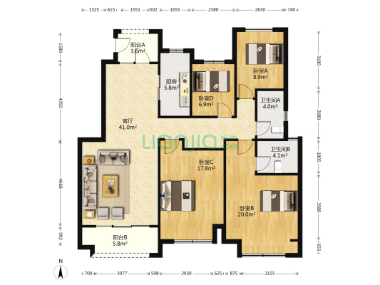 雅居乐国际花园 4室1厅2卫 136平方