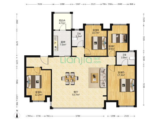 卓越珑樾府 4室1厅2卫 143平方