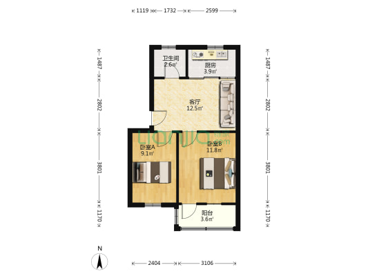 六物大院 2室1厅1卫 54平方