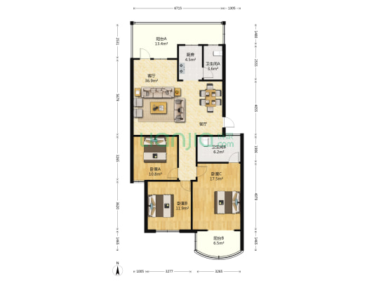 祝家湾小区 3室1厅2卫 109平方