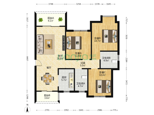 天润·智慧城 3室1厅2卫 124平方