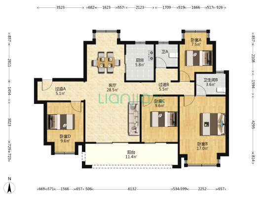 中铁·逸都 4室1厅2卫 133平方