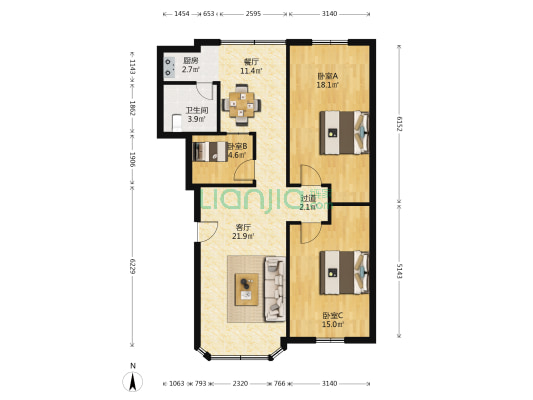 民贸大厦 3室2厅1卫 85平方