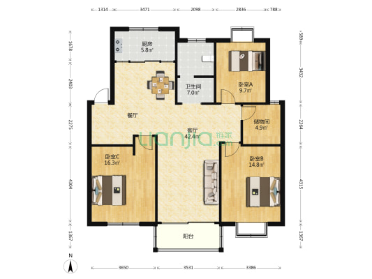 西庄花苑 3室1厅1卫 127平方