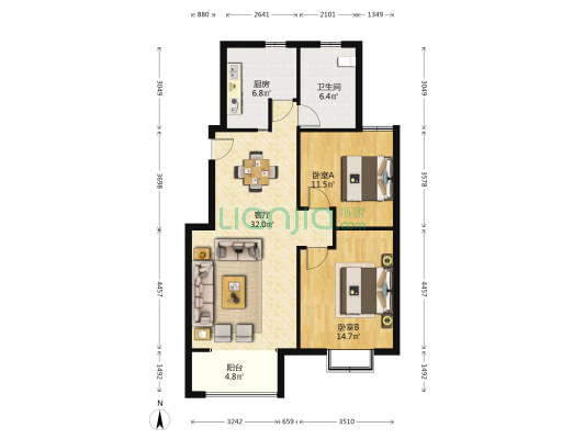 中德亚运村北区 2室1厅1卫 104平方