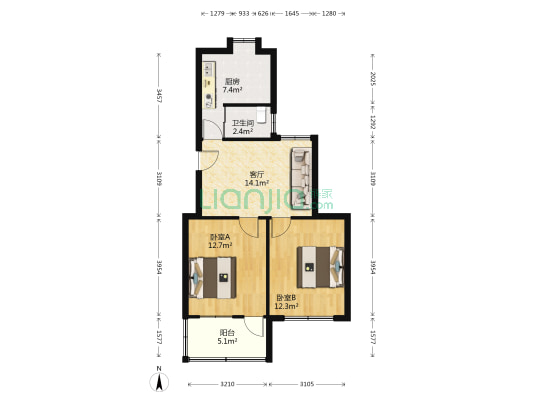 检察院宿舍(北京东路222号） 2室1厅1卫 70平方