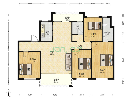 贵安1号天邸苑 4室1厅2卫 138平方