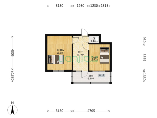 太原卫校职工宿舍 2室1厅1卫 47平方