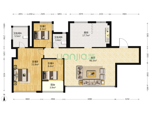 姚江湾2期天源 3室1厅2卫 176平方