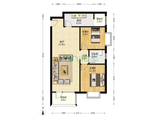 学府清华 2室1厅1卫 92平方