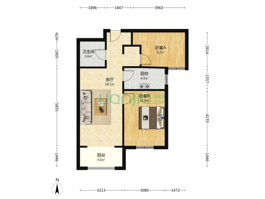 房子为全阳两居，中间楼层 全天采光 视野开阔-户型图