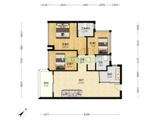 卓越和奕府一期 3室1厅2卫 93平方