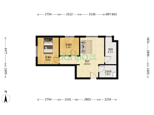 中正乐居 2室1厅1卫 61平方