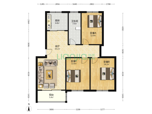 状元楼小区 3室1厅1卫 123平方