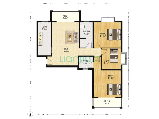 岳银欣苑 3室1厅2卫 131平方