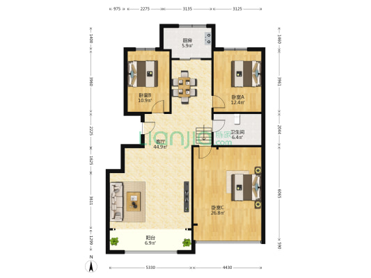 金地小区西区 3室1厅1卫 137平方