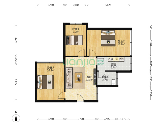 新添大道南段195号 3室1厅1卫 78平方