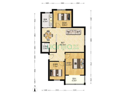 攀矿马兰山房区 3室1厅1卫 89平方