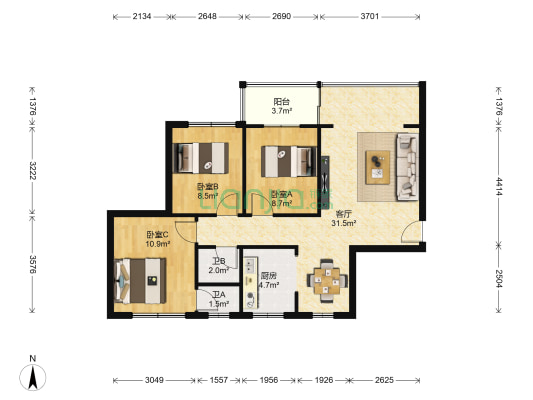 中房•碧翠园 3室1厅2卫 89平方