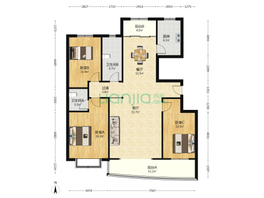 红星家园C2区 3室2厅2卫 157平方
